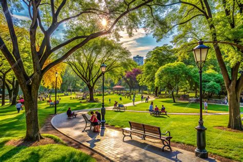 premium photo  park   park bench   lamp post  people