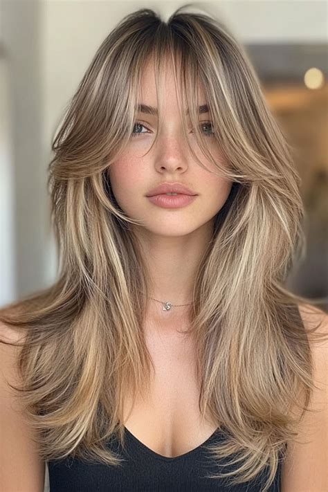 Curtain Bangs With Layered Long Hair Ashy Blonde Layers