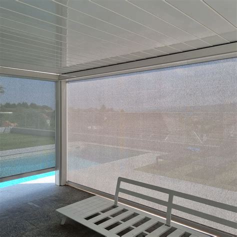 A White Bench Sitting In Front Of A Window Next To A Swimming Pool On