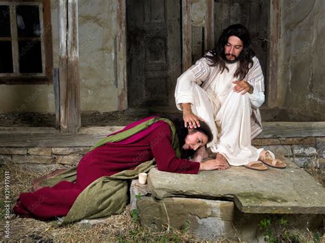 Mary Magdalene Crying Of Shame And Anointing Jesus Feet Stock Photo