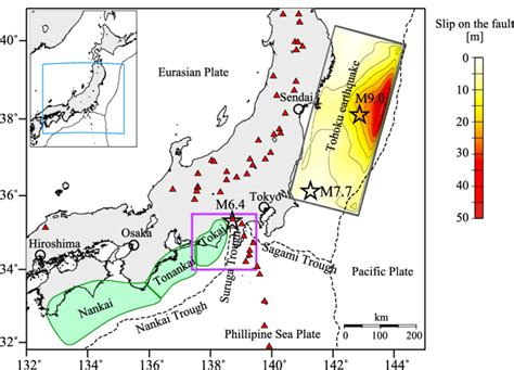 Map showing the fault area of the M9.0 Tohoku-oki earthquake with ...