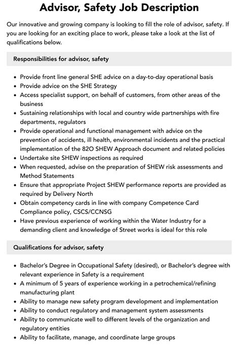 Advisor Safety Job Description Velvet Jobs