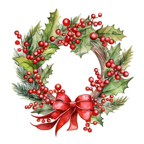 Christmas Wreath Watercolour Painting Isolated On White Leaves Wreath