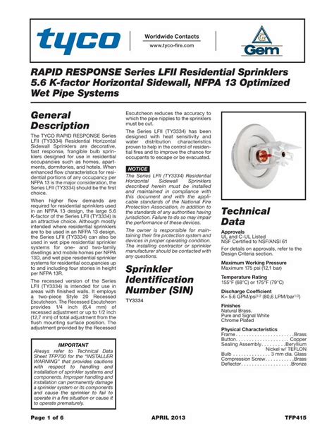 Pdf 5 6 K Factor Horizontal Sidewall Nfpa 13 Optimized · Table A Wet Pipe Systems Series Lfii