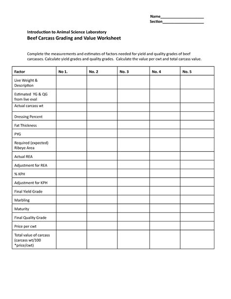 Beef Carcass Grading And Value Worksheet 2021 Name