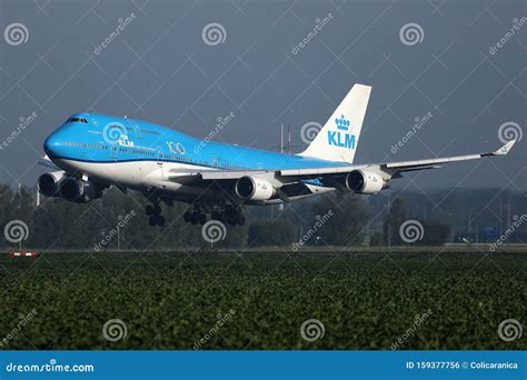 KLM Jumbo Boeing B747 Plane In The Sky Close Up View Editorial Image