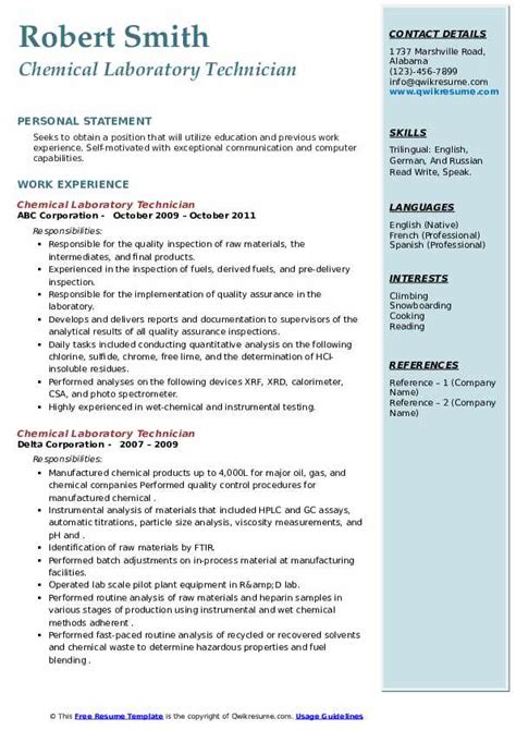 Chemical Lab Technician Resume Samples Qwikresume