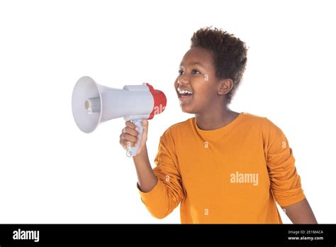 Happy Little Child Speaking With A Megaphone Isolated On A White