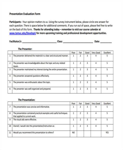 Free Presentation Evaluation Form Templates Images