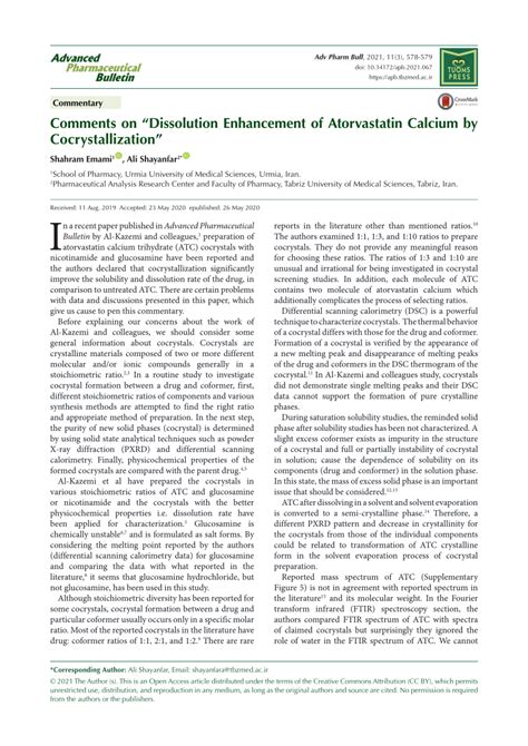 PDF Comments On Dissolution Enhancement Of Atorvastatin Calcium By