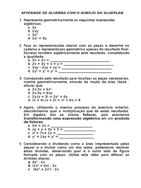 Atividade De Álgebra Com O Auxílio Do Algeplan Pdf