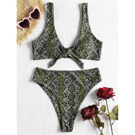 ZAFUL Amarrado High Rise Snakeskin Biquíni Set Mergulhando Neck Cintura