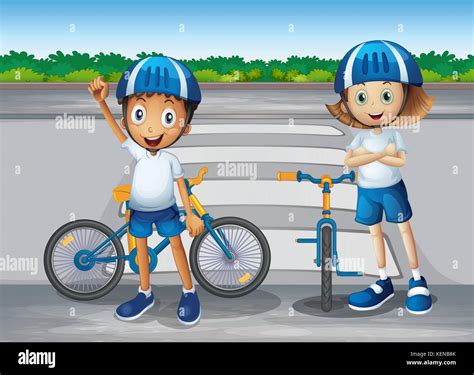 Ilustraci N De Una Ni A Y Un Ni O Con Sus Bicis De Pie Cerca De La