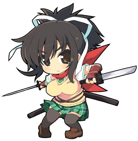 Safebooru 1girl Asuka Senran Kagura Black Hair Black Legwear Breasts Brown Eyes Chibi Crazy