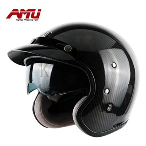 Free Shipping Amu Black Carbon Fiber Open Face 34 Motorcycle Motorcross Helmet Cascojet