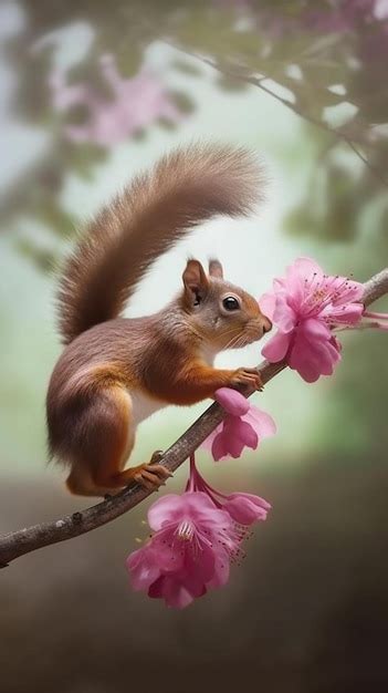 Premium AI Image | A squirrel on a branch with pink flowers