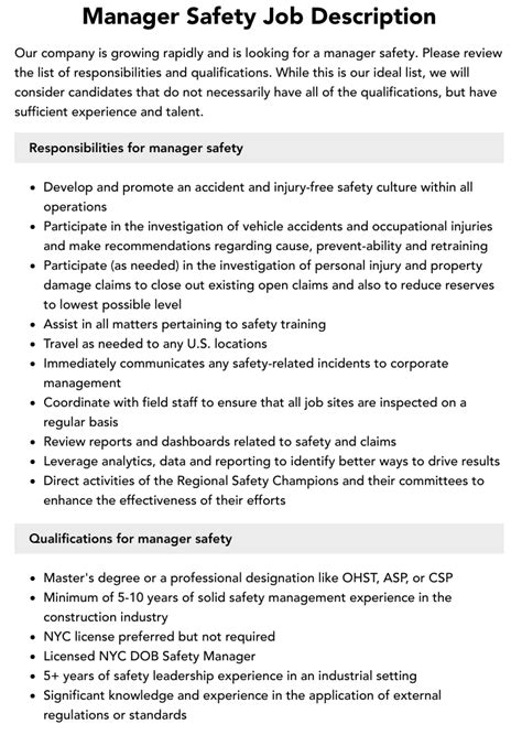 Manager Safety Job Description Velvet Jobs