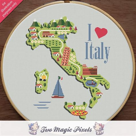 A Cross Stitch Map Of Italy With The Words I Love Italy In English And