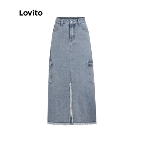 Lovito Casual Plain Pocket Washed Cargo Front Zip Denim Skirt For Women