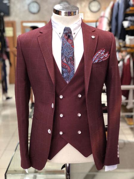 Slim Fit Plaid Suit Vest Bordeaux Bojoni