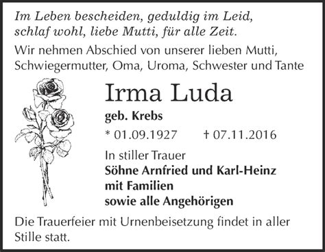 Traueranzeigen Von Irma Luda Abschied Nehmen De