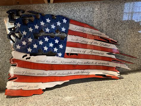 Tattered American Flag With Pledge Of Allegiance Large Wooden American