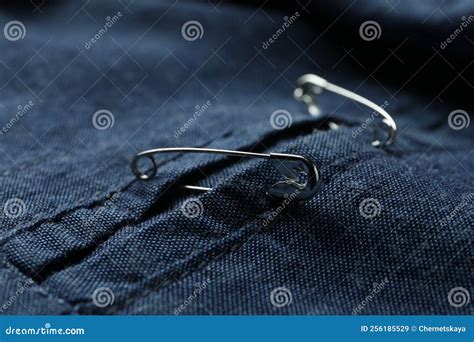 Closeup View Of Metal Safety Pins On Clothing Stock Image Image Of