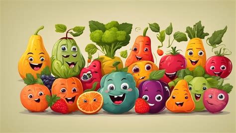 Varias Frutas Y Verduras Alegres Con Ojos Lindos Personajes Divertidos