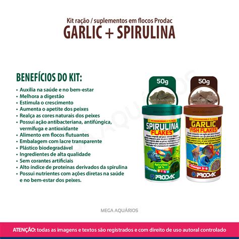 Kit Ra O Suplemento Peixe Prodac Garlic Spirulina Flocos G Mega