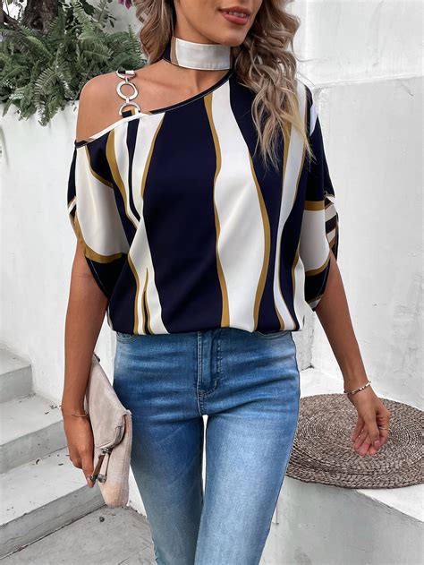 Shein Clasi Blusa De Color Combinado De Cuello Asim Trico De Manga