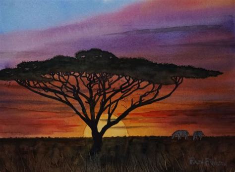 Watercolor: Sunset on the Savannah - 14" x 10"