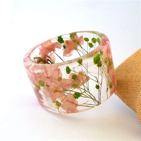 Pink And Green Botanical Resin Bangle Chunky Bangle With