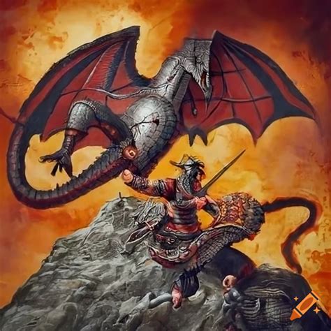 Armoured Warrior Battling A Dragon On A Rocky Mountain In Detailed