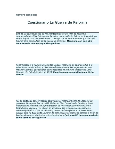 Cuestionario Guerra De Reforma Nombre Completo Cuestionario La