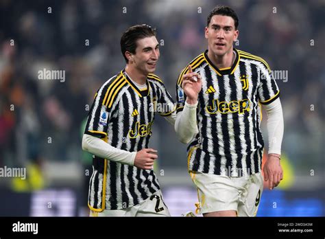 Turin Italy 16 January 2024 Dusan Vlahovic Of Juventus Fc Celebrates With Fabio Miretti Of