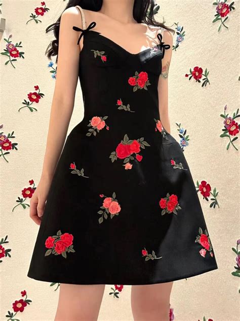 Black Rose Embroidered Sling Dress Jisoo Blackpink Fashion Chingu