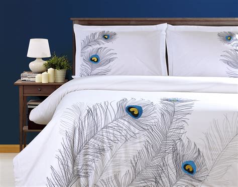 Duvet Cover Set With Pillow Shams Embroidered Feather Peacock Design