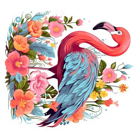 Flamingo With Flowers And Leaves On A White Background Generative Ai