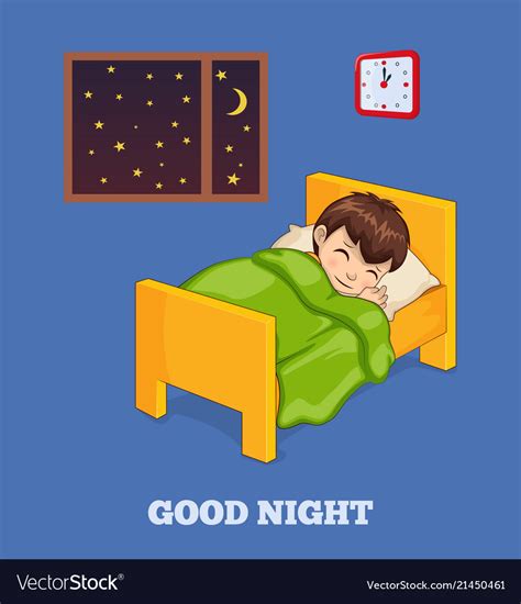 Good night poster wiith boy in bed under blanket Vector Image