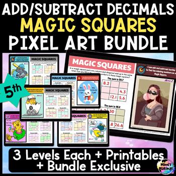 Add And Subtract Decimal Tenths Hundredths Magic Squares Pixel Art Bundle