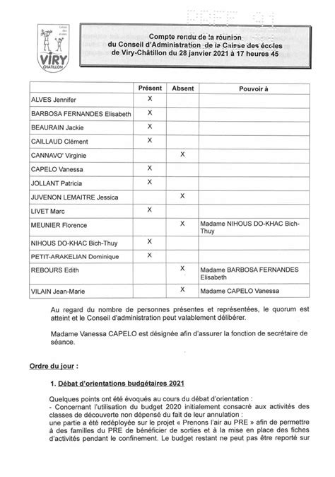 Calam O Compte Rendu Du Conseil D Administration Du Janvier