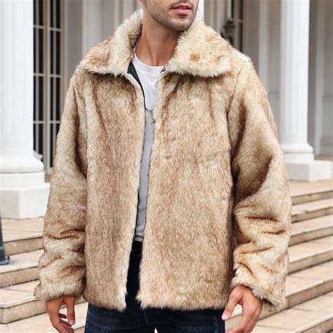 Com1950s Jackets For Men Mens Warm Faux Furry Long Coat Jacket Winter Solid V Neck Outerwear