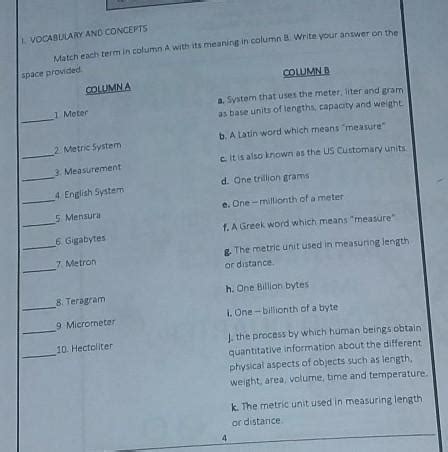 Match Each Term In Column A With Its Meaning In Column B Write Your