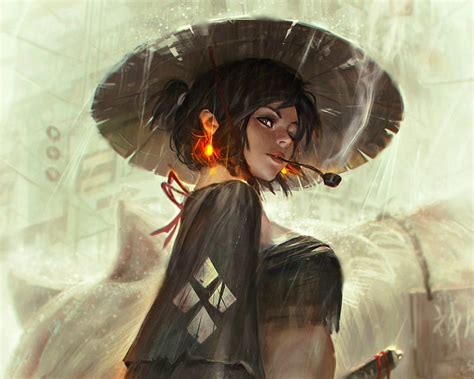 1080p Free Download Ronin Art Fantasy Luminos Girl Guweiz Hat