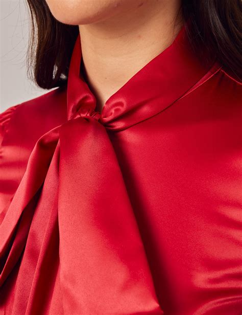 Women S Red Fitted Luxury Satin Blouse Pussy Bow