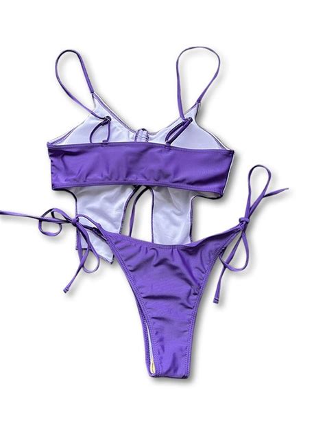 Emmiol Free Shipping 2024 Lace Up Butterfly Bikini Set Purple M In