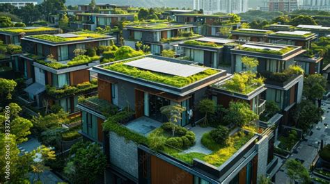 Rooftop View Of A Cityscape With Green Roofs And Solar Panels