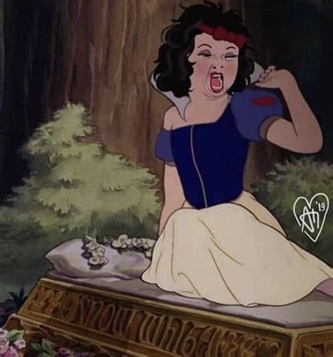 Snow White Sitting On Top Of A Bed In Front Of A Tree With Her Mouth Open