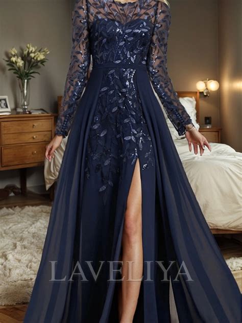 A Line Bateau Long Sleeves Ruffles Floor Length Chiffon Mother Of The