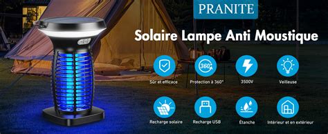 PRANITE Lampe Anti Moustique Solaire Lampe Moustique Sans Fil 3500V